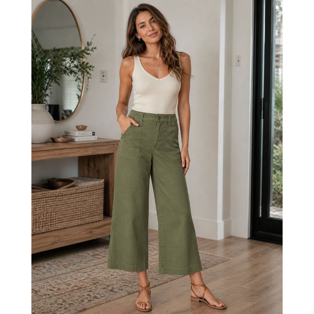 Boho Olive Green Wide Leg Utility Pants, Size 8